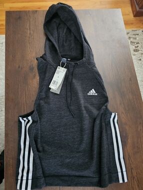 Womens Adidas Charcoal Gray Sleeveless Hoodie with White Stripes - Small
